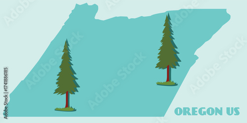 Oregon state map with two evergreen trees on a light blue background.