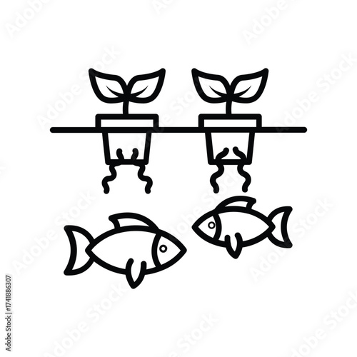 Two potted plants suspended above two fish. line icon editable stroke.