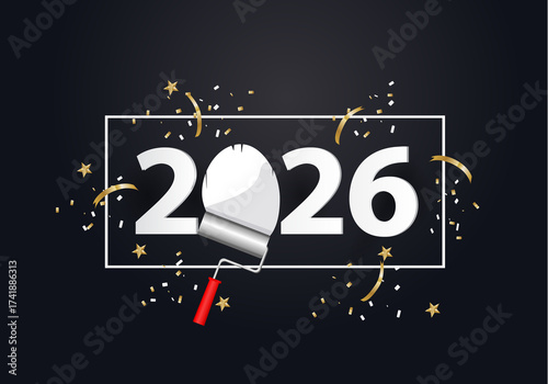 happy new year 2026. 2026 with roller paint brush for wall. Wall painting concept.
