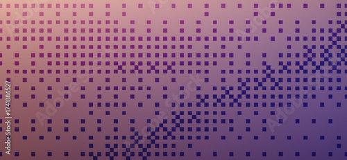 A gradient background features a matrix of square shapes with an ombre effect transitioning from light peach at the top to a deeper violet at the bottom, creating a digital pixelation.