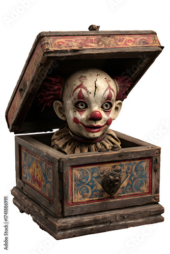 Vintage jack-in-the-box with creepy clown doll ready to scare, perfect for Halloween themes, spooky projects, haunted houses, or eerie designs. Perfect for Halloween Designs
