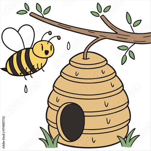 A cartoon illustration showing a bee near a honeycomb and a beehive with dripping honey design on a white background