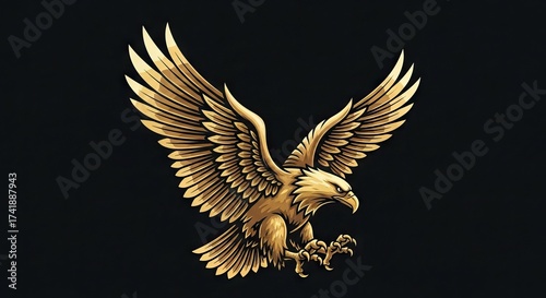 A golden eagle spreads its wings against a black background