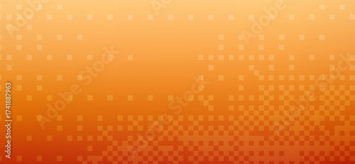 A gradient background transitions from deep orange to light apricot, featuring a pattern of faint square pixels fading in and out to create a unique and textured visual effect
