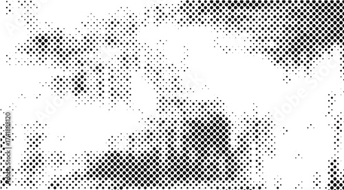 Halftone pattern in black and white creates a textured effect with varying densities of black dots against a clean white background, resulting in a visually dynamic design