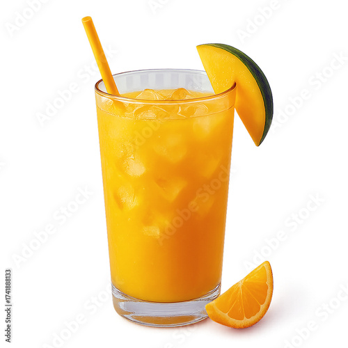 Fresh Orange Juice In Glass With Ice, Straw, Lime Slice And Orange Wedge