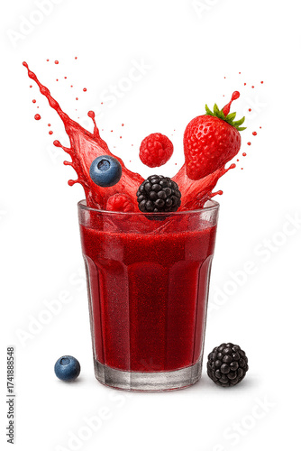 Refreshing Red Berry Juice Splash in Glass with Strawberries Blueberries and Blackberries