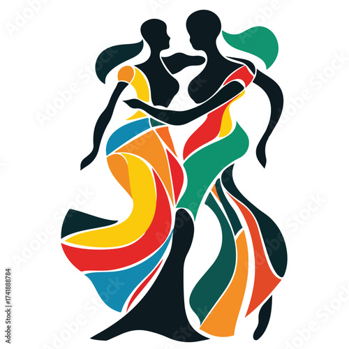 Abstract Dancing Figures Illustration with Vibrant Colors and Flowing Motion