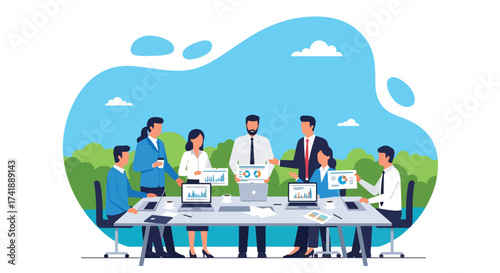 Adobe illustrator artwork vector illustration of a productive business meeting in an office setting, with a team collaborating using laptops and discussing ideas