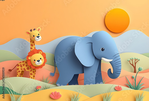 Safari Fun Scene ,Paper cut cartoon vector