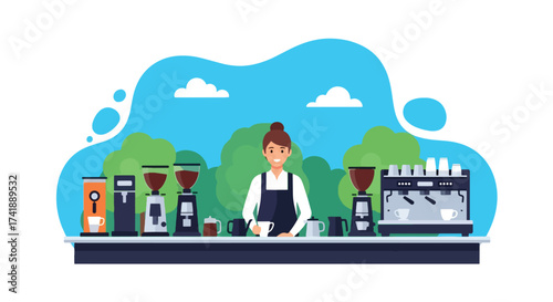 Adobe illustrator artwork vector illustration of a friendly barista in a modern coffee shop, surrounded by various coffee-making equipment
