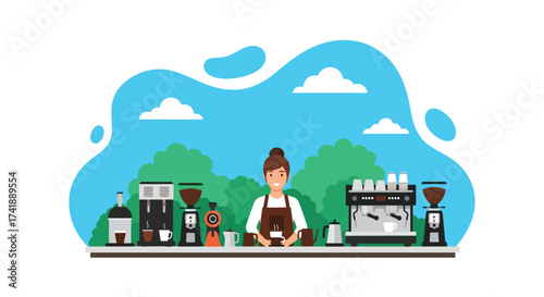 Adobe illustrator artwork vector illustration of a friendly barista in a modern coffee shop, surrounded by various coffee-making equipment