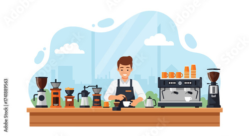 Adobe illustrator artwork vector illustration of a friendly barista in a modern coffee shop, surrounded by various coffee-making equipment