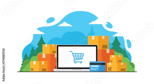 Adobe illustrator artwork vector illustration of online shopping and e-commerce, featuring a laptop, shopping cart, packages, and credit card