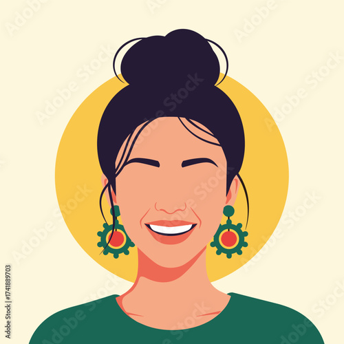 A smiling woman with her hair in a bun wears large earrings.