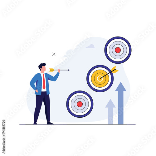 A businessman is looking through a telescope at targets indicating business goals.