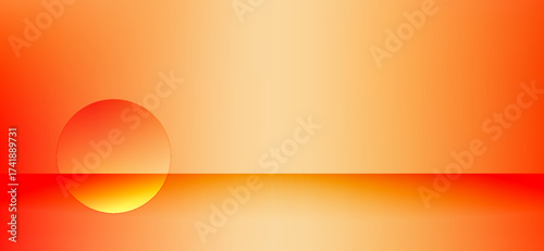 A gradient sunset backdrop featuring a vibrant orange and yellow color scheme, complemented by a prominent circular shape and a reflective horizontal line creating a minimalist composition