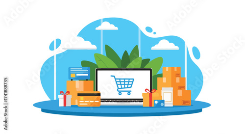 Adobe illustrator artwork vector illustration of online shopping and e-commerce, featuring a laptop, shopping cart, packages, and credit card