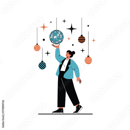 A person holding a disco ball and decorated with festive ornaments and lights.