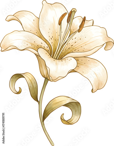 Vector Illustration Elegant Cream Lily Blossom with Detailed Petals and Stem