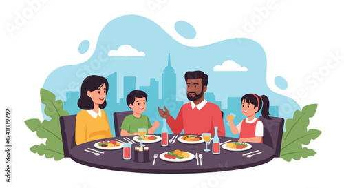 Adobe illustrator artwork vector illustration of a happy family enjoying a meal together at a restaurant, ideal for depicting family dining, lifestyle, and bonding moments