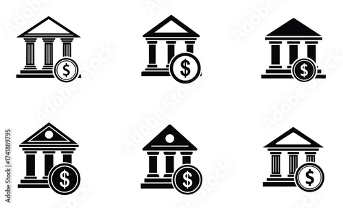 Bank Building Money Icon Set – Financial Institution, Currency Symbol, Investment, and Economy Line Art Collection