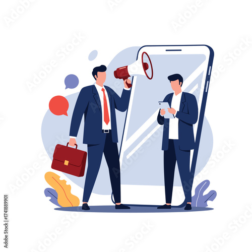 Marketing team promoting services through a mobile device.