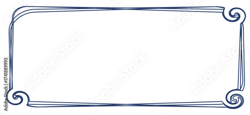 This image presents a decorative rectangular frame with a delicate dark blue outline and curled elements in the corners, set against a pristine white backdrop to add elegance