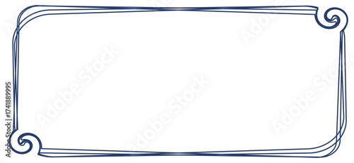 This decorative border features elegant swirling designs on each corner, complemented by parallel linear details in shades of navy blue against a pristine white backdrop