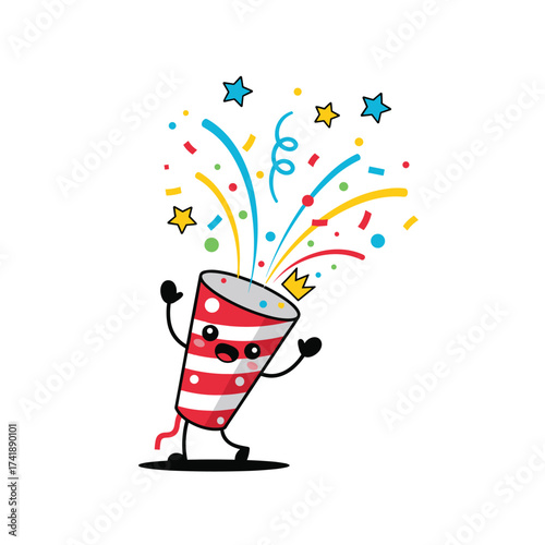 A cute cartoon popper with confetti and stars exploding outwards.