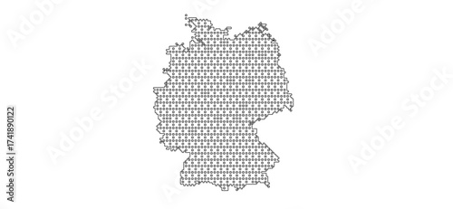 A dotted geometric map of Germany is outlined in black on a clean white backdrop, featuring square shapes forming a textured representation of the country's geographic borders