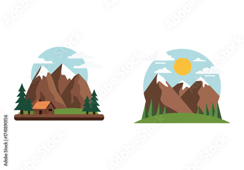 Serene mountain landscape with cozy cabin and sunny skies vector scenes vector