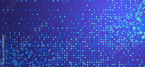 Digital art displays a modern background with varying shades of blue squares fading into a purple gradient, creating a futuristic and tech-inspired visual experience