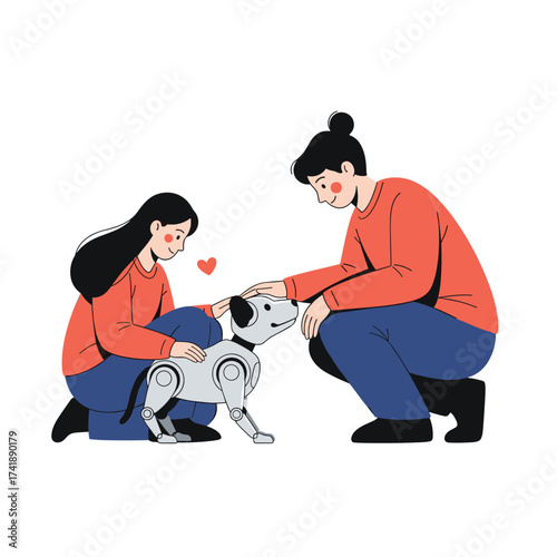 A loving couple caring for their adorable robotic pet dog.