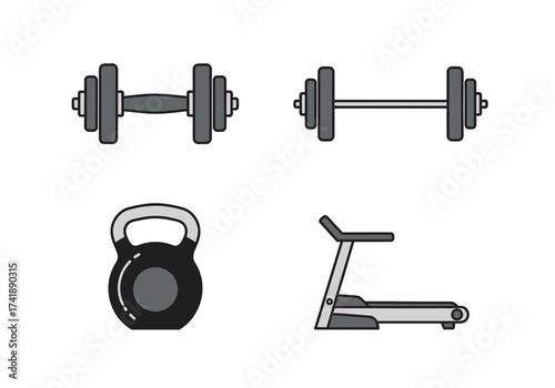 Fitness equipment icons dumbbells kettlebell treadmill vector illustration vector