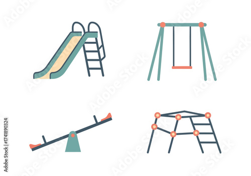 Playground equipment set slide swing see saw jungle gym vector illustration fun outdoor activity vector