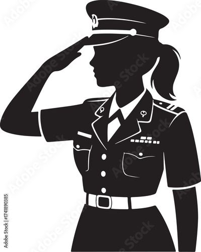 Strong female soldier proudly saluting heroically