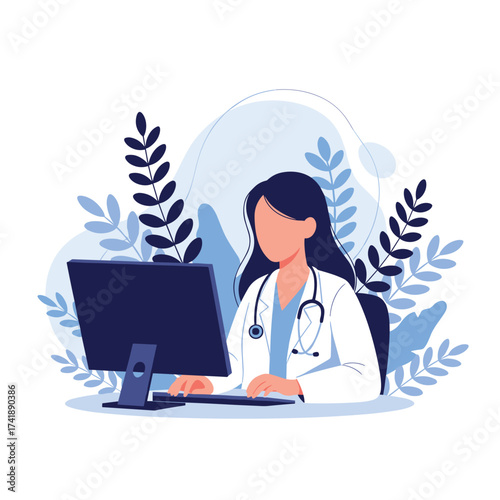 Doctor using a computer in a modern medical office setting.