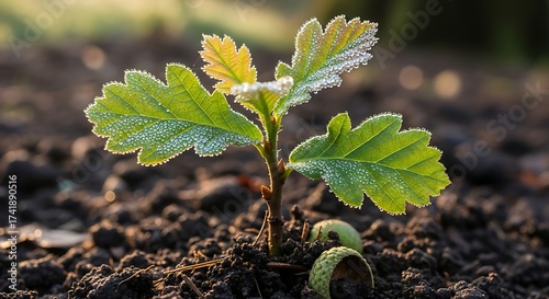 Quercus robur (oak tree) young seedling emerging from moist soil with morning dew, symbol of growth and sustainability, natural forest background