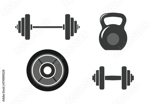 Fitness equipment set dumbbells barbell kettlebell weight plate vector illustration vector