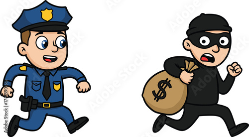 Cartoon police officer chasing thief, burglar running with money bag, crime prevention illustration, law enforcement character, robbery scene, security 