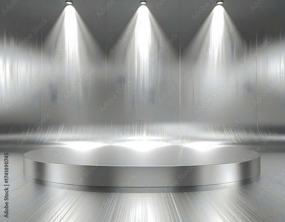 Obraz premium Illuminated silver podium with spotlights on a reflective surface, perfect for awards or product displays