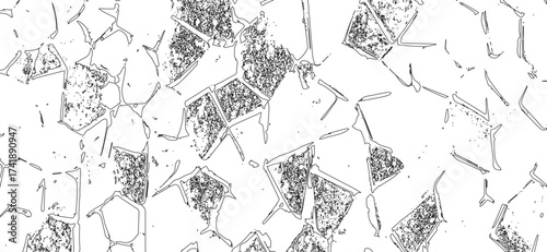 Geometric shapes with black outlines and textured fillings are scattered against a bright white backdrop, creating a visual pattern emphasizing angular forms and contrasting elements