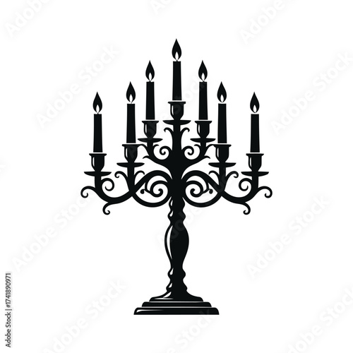 Elegant black candelabra with seven lit candles detailed ornate design vector