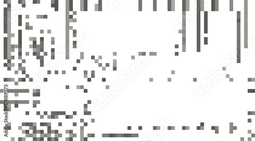 Pixelated grey patterns with blocky shapes are scattered across a white backdrop, creating an abstract digital art piece perfect for technology or modern background designs
