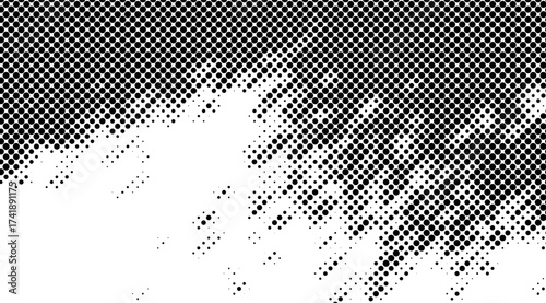 A dynamic black and white halftone pattern creates an abstract background, with a transition from dense black dots to scattered points on a clean white canvas