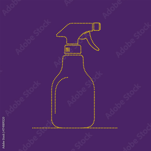 Minimalist dotted line drawing of a spray bottle on a solid dark emphasizing cleaning and hygiene tools