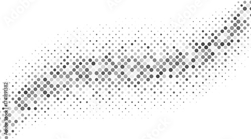 Halftone pattern gracefully curves across a stark white background, showcasing a gradient of gray circles that create a modern and dynamic visual texture