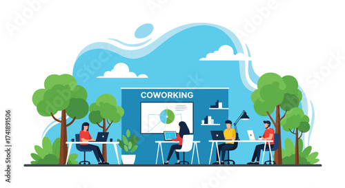 Adobe illustrator artwork vector illustration of people working outdoors in a vibrant park setting, perfect for depicting flexible workspaces, remote work, and modern productivity.