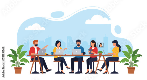Adobe illustrator artwork vector illustration of people working outdoors in a vibrant park setting, perfect for depicting flexible workspaces, remote work, and modern productivity.